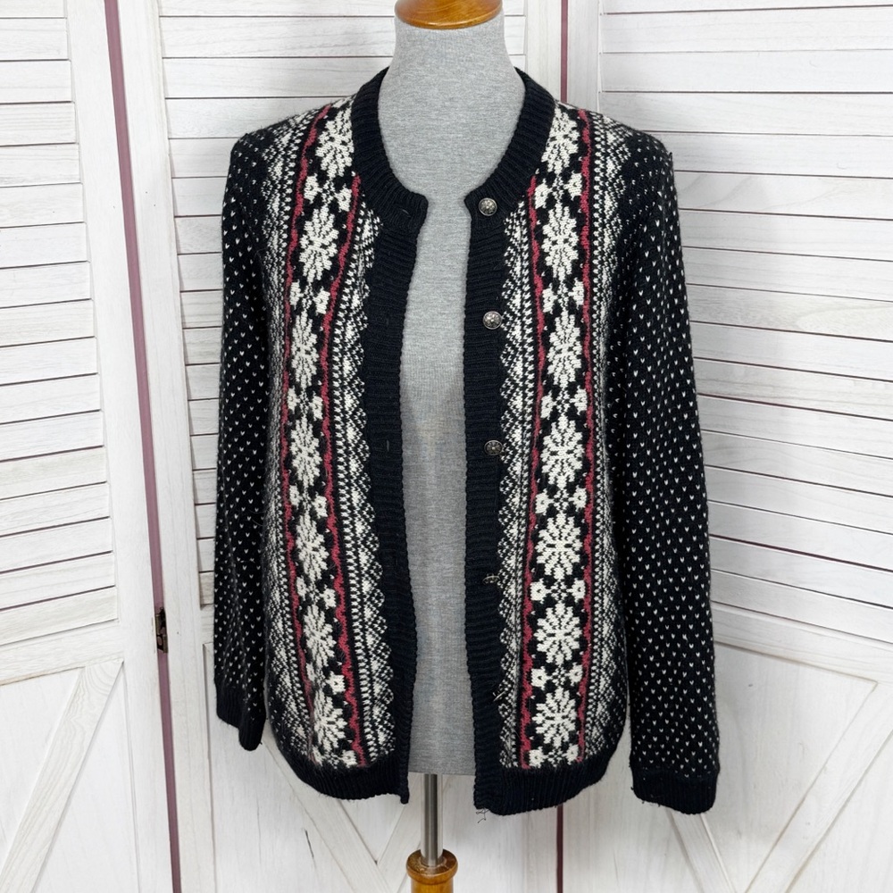 Vintage 90s White Stag Fair Isle Button Up‎ Cardigan Sweater Black White Small